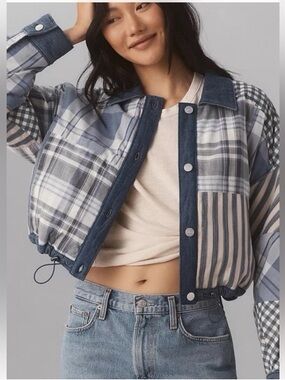 Anthropologie Pilcro cropped Patchwork Plaid Button-Front Jacket in Blue & Gray